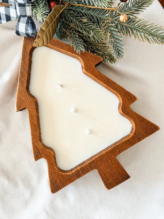 12 oz Christmas Tree Candle in Wooden Dough Bowl – 3 Wick, Seasonal Fragrances